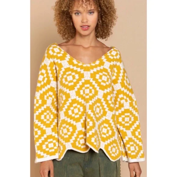 POL Geo Print V Neck Sweater Oversized Fit - Picture 9 of 12